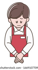 A woman in red apron to apologize