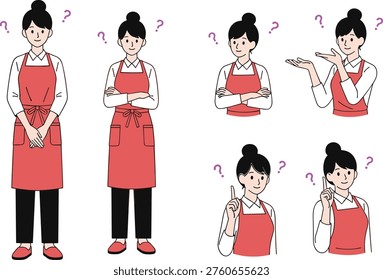 Woman in red apron with question marks showing various confused gestures in a cad drawing flat vector illustration style, comma.