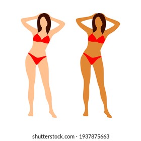 Woman in a red bikini in full height  before and after instant tan on a white background