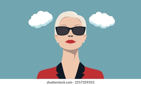 Woman in red blazer and sunglasses against blue sky with white clouds. Minimal business style portrait. Modern fashion look for commercial design and advertisement with copy space