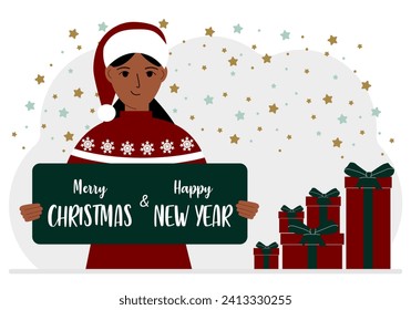 A woman in a red cap holds a Merry Christmas and Happy New Year greeting card.