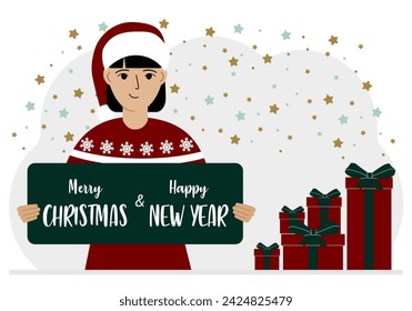 A woman in a red cap holds a Merry Christmas and Happy New Year greeting card.