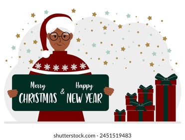A woman in a red cap holds a Merry Christmas and Happy New Year greeting card.