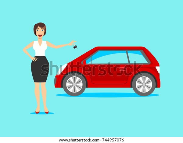 A woman and a red car. A woman buys or sells a
car. Vector.