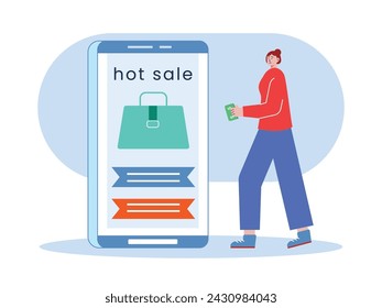 A woman in a red casual with cash, buying a bag on e commerce and having it delivered to her home. Character design. Vector flat illustration