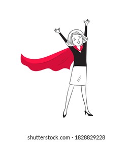 Woman in  Red Cloak isolated on white background. Businesswoman with Hands up.Cartoon hero standing with cape waving in wind. Concept of leader,winner and leadership. Number one.