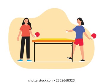 The woman in the red clothes and her short hair friend are playing ping pong, in sneakers practicing for a competition. Character design. Vector flat illustration