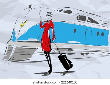 The woman in a red coat with a cigarette goes on a platform