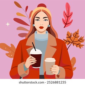 Woman red coat and drinks tea, or coffee outdoors. Fall picnic. Girl sitting on plaid on field or in the park. Rural landscape. Cozy autumn. Coffee too go