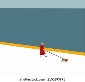 Woman in red coat walking with dog in the park. Outdoor activity concept. Vector illustration. Active people, leisure time.