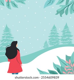 woman in a red coat walks through the winter forest, it's snowing