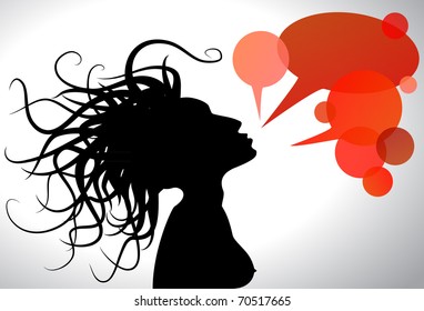 woman with red conversation boxes