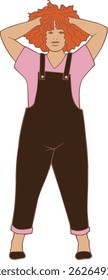 woman with red curly hair in overalls and pink shirt full body illustration flat style