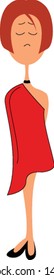 A woman in a red dress, black cut shoes and neck accessory, has a cropped hairstyle and with hands folded back and eyes closed expresses sadness, vector, color drawing or illustration.