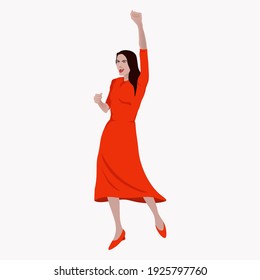 A woman in a red dress, with black hair, with a raised hand, clenched into a fist. Protester, screaming, dancing, winner. Isolated over white background. Vector illustration
