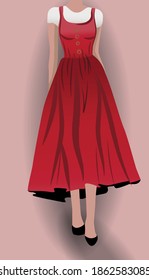 Woman in red dress, black high heels and white blouse underneath. Vector