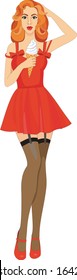 Woman in a red dress and black stockings. Pin up style Vector illustration. With ice cream in hand. Summer. Fashion illustration, fashionable girl.