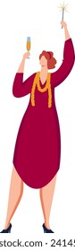 Woman in red dress celebrating with champagne and sparkler. Caucasian female toasting, New Year's Eve festivity mood. Celebration and party concept vector illustration.