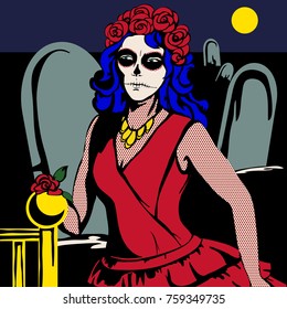 The woman in the red dress in the cemetery with makeup Santa de Muerto