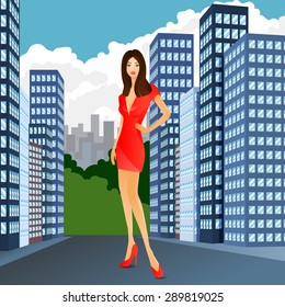 woman red dress city fashion street sale.