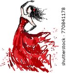 Woman in red dress dancing flamenco