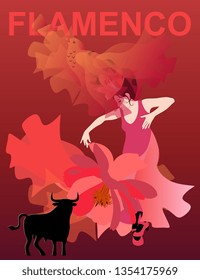 Woman in a red dress dancing flamenco on a red background. The translucent manton, thrown upwards, looks like a flying bird. Black bull silhouette as unofficial symbol of Spain.