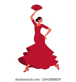 Woman in red dress dancing flamenco. hair in a bun, fan, graceful movements. Modern illustration