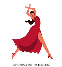Woman in red dress dancing flamenco. hair in ponytail, graceful movements. Modern illustration