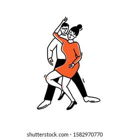 Woman in red dress dancing with man. Modern couple dance at party. Tango milonga vector outline illustration.