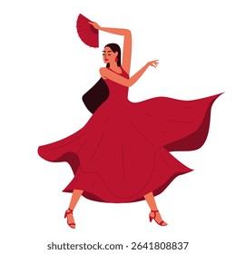 Woman in red dress with fan dancing flamenco. hair long loose, graceful movements. Modern illustration