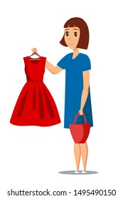 Woman with red dress flat vector illustration. Young lady holding elegant crimson gown on hanger cartoon character. Student choosing prom garments and accessories. Female shopper buying clothes