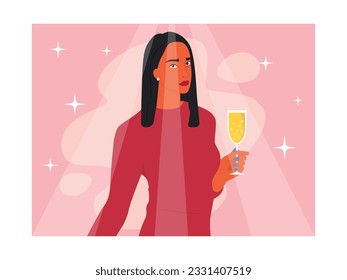 Woman red dress holding champagne glass in night club, lifestyle in city. Character design. Vector flat illustration