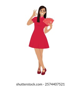 Woman in Red Dress Holding Red Envelopes for Lunar New Year Celebration. Flat vector Character Illustration