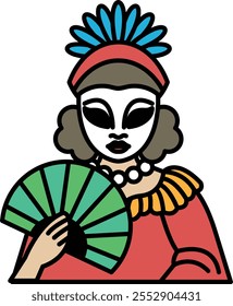 A woman in a red dress holding a fan. The woman is wearing a mask and has a green fan in her hand