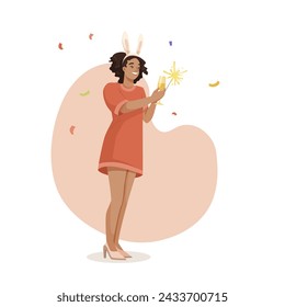 A woman in a red dress is holding a sparkler and smiling. The image has a festive and celebratory mood. Vector illustration