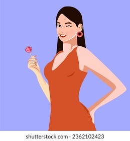 
A woman in a red dress holds a lady on a stick. Brunette girl smiling over isolated background. Vector illustration of a fashionable girl. Summer look for the beach. candies