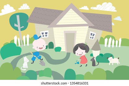 Woman in red dress and a man in blue suit working in their garden near big house