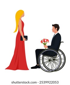 A woman in a red dress and a man with a bouquet of flowers in a wheelchair went on a date. An illustration on a transparent background.