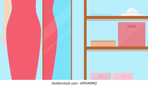 Woman in red dress near the mirror.