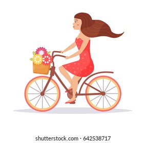 Woman in red dress on bike. Isolated art on white background. Vector. Cartoon. Flat