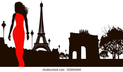 Woman in a red dress in Paris, vector illustration 