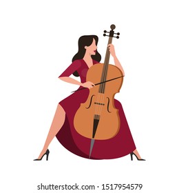 Woman in red dress play the cello. Idea of classic music and orchestra musician. Creative hobby and profession. Vector illustration in cartoon style isolated