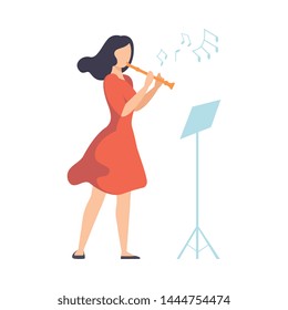 Woman in Red Dress Playing Flute Vector Illustration