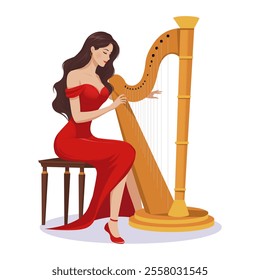 Woman in red dress playing a harp on a white background. Vector illustration