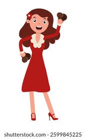 Woman in red dress proudly lifting dumbbells while smiling in a cheerful exercise pose
