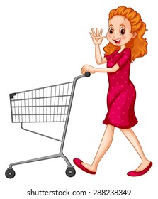 Woman in red dress pushing shopping cart 