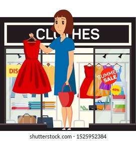 Woman with red dress shoping flat vector illustration. Young lady holding elegant crimson gown on hanger cartoon character. Female shopper buying clothes