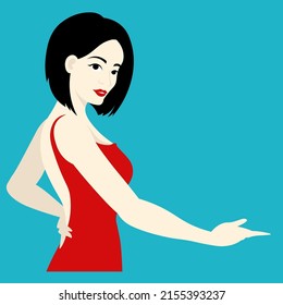 Woman in red dress is showing something isolated illustration