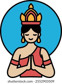 A woman in a red dress is shown with her hands together in a prayer position. The image has a peaceful and serene mood, as the woman is in a meditative state
