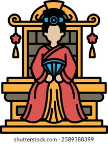 A woman in a red dress sits on a throne. She is holding a fan. The image has a regal and elegant feel to it